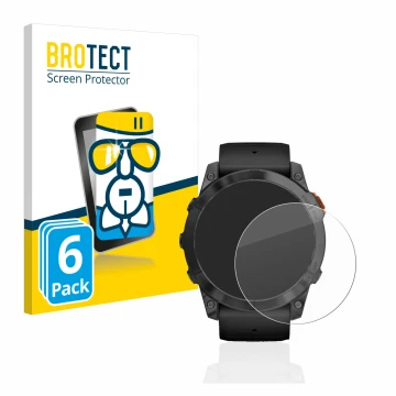 Parte frontal de un envase de producto con el logotipo de la marca BROTECT. Al lado se muestra el dispositivo Garmin Fenix 7X 