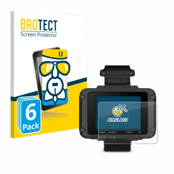 Parte frontal de un envase de producto con el logotipo de la marca BROTECT. Al lado se muestra el dispositivo Garmin Foretrex 