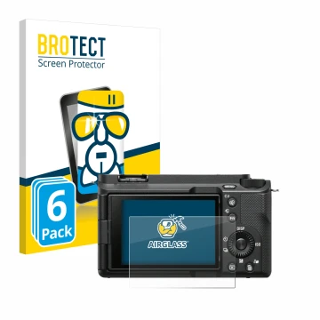 Parte frontal de un envase de producto con el logotipo de la marca BROTECT. Al lado se muestra el dispositivo Sony Alpha ZV-E1