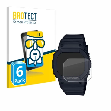 Parte frontal de un envase de producto con el logotipo de la marca BROTECT. Al lado se muestra el dispositivo Casio G-Shock GM