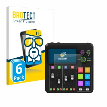 Parte frontal de un envase de producto con el logotipo de la marca BROTECT. Al lado se muestra el dispositivo Rode Rodecaster 