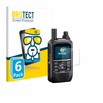 Parte frontal de un envase de producto con el logotipo de la marca BROTECT. Al lado se muestra el dispositivo Icom ID-50E con 