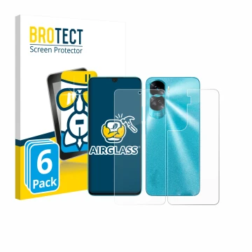 Parte frontal de un envase de producto con el logotipo de la marca BROTECT. Al lado se muestra el dispositivo Honor 90 Lite (F