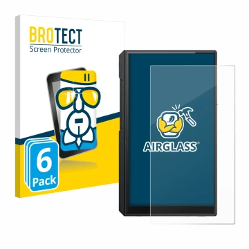 Parte frontal de un envase de producto con el logotipo de la marca BROTECT. Al lado se muestra el dispositivo FiiO M11s con su