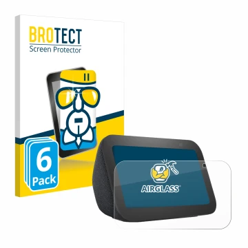 Parte frontal de un envase de producto con el logotipo de la marca BROTECT. Al lado se muestra el dispositivo Amazon Echo Show