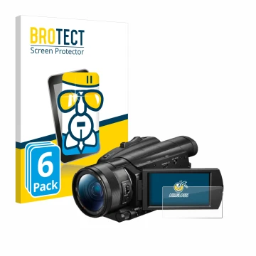 Parte frontal de un envase de producto con el logotipo de la marca BROTECT. Al lado se muestra el dispositivo Sony FDR-AX700 c