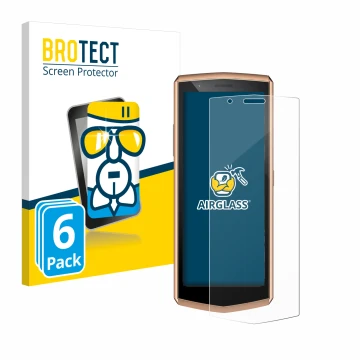 Parte frontal de un envase de producto con el logotipo de la marca BROTECT. Al lado se muestra el dispositivo Cubot Pocket 3 c
