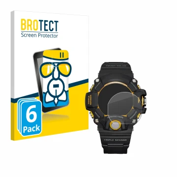 Parte frontal de un envase de producto con el logotipo de la marca BROTECT. Al lado se muestra el dispositivo Casio G-Shock GW