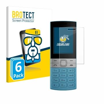 Parte frontal de un envase de producto con el logotipo de la marca BROTECT. Al lado se muestra el dispositivo Nokia 150 (2023)