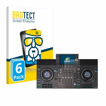 Parte frontal de un envase de producto con el logotipo de la marca BROTECT. Al lado se muestra el dispositivo Denon DJ SC LIVE