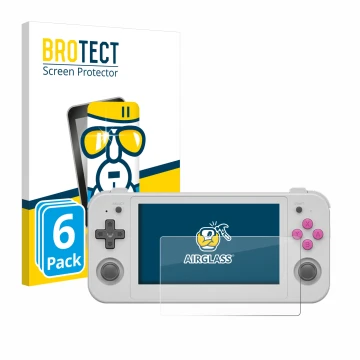 Parte frontal de un envase de producto con el logotipo de la marca BROTECT. Al lado se muestra el dispositivo Anbernic RG505 c