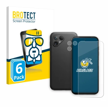 Parte frontal de un envase de producto con el logotipo de la marca BROTECT. Al lado se muestra el dispositivo Fairphone 5 (Fro