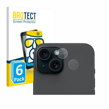 Parte frontal de un envase de producto con el logotipo de la marca BROTECT. Al lado se muestra el dispositivo Apple iPhone 15 