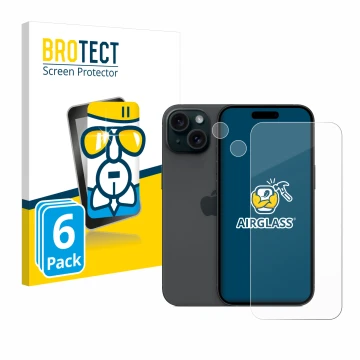 Parte frontal de un envase de producto con el logotipo de la marca BROTECT. Al lado se muestra el dispositivo Apple iPhone 15 