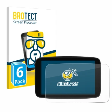 Parte frontal de un envase de producto con el logotipo de la marca BROTECT. Al lado se muestra el dispositivo TomTom GO Superi