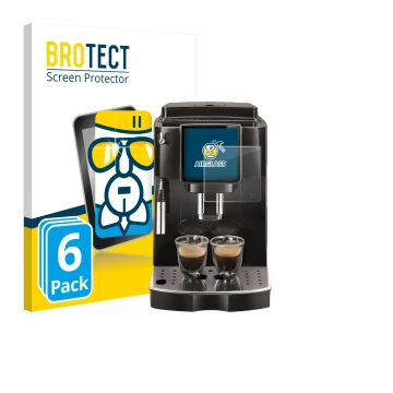 Parte frontal de un envase de producto con el logotipo de la marca BROTECT. Al lado se muestra el dispositivo DeLonghi Magnifi