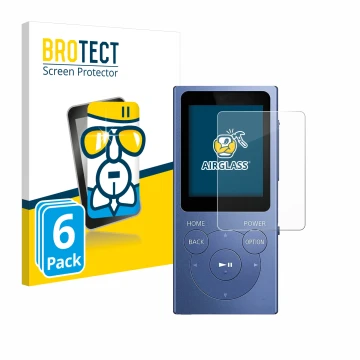 Parte frontal de un envase de producto con el logotipo de la marca BROTECT. Al lado se muestra el dispositivo Sony Walkman NW-