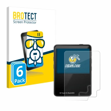 Parte frontal de un envase de producto con el logotipo de la marca BROTECT. Al lado se muestra el dispositivo HifiWalker H2 to