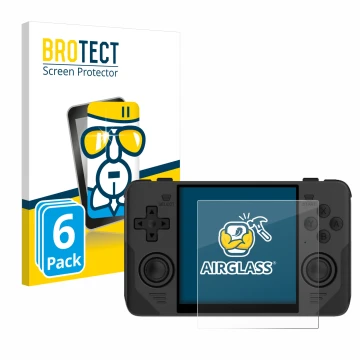 Parte frontal de un envase de producto con el logotipo de la marca BROTECT. Al lado se muestra el dispositivo Powkiddy RGB30 c