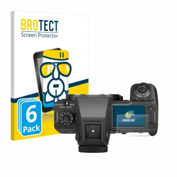 Parte frontal de un envase de producto con el logotipo de la marca BROTECT. Al lado se muestra el dispositivo Fujifilm GFX100 
