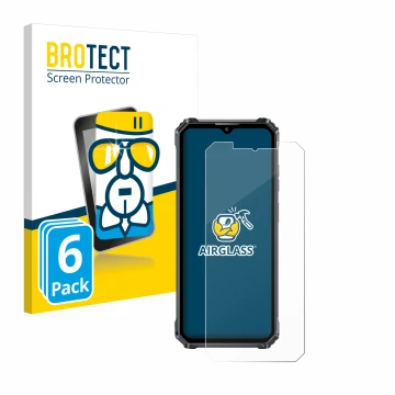 Parte frontal de un envase de producto con el logotipo de la marca BROTECT. Al lado se muestra el dispositivo Oukitel WP28 con