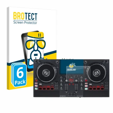 Parte frontal de un envase de producto con el logotipo de la marca BROTECT. Al lado se muestra el dispositivo Numark Mixstream