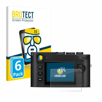 Parte frontal de un envase de producto con el logotipo de la marca BROTECT. Al lado se muestra el dispositivo Leica M11-P con 