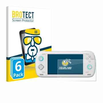 Parte frontal de un envase de producto con el logotipo de la marca BROTECT. Al lado se muestra el dispositivo AYN Odin 2 con s