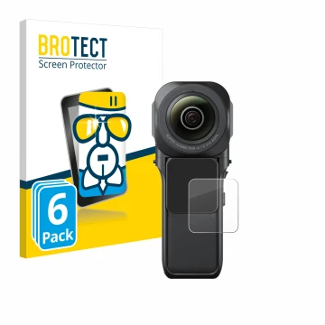 Parte frontal de un envase de producto con el logotipo de la marca BROTECT. Al lado se muestra el dispositivo Insta360 One RS 