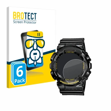 Parte frontal de un envase de producto con el logotipo de la marca BROTECT. Al lado se muestra el dispositivo Casio G-Shock GA