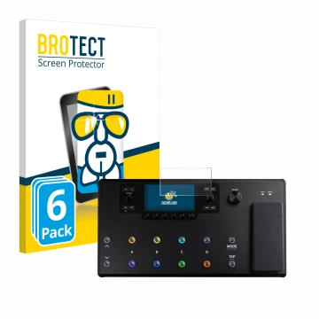 Parte frontal de un envase de producto con el logotipo de la marca BROTECT. Al lado se muestra el dispositivo Line 6 Helix LT 