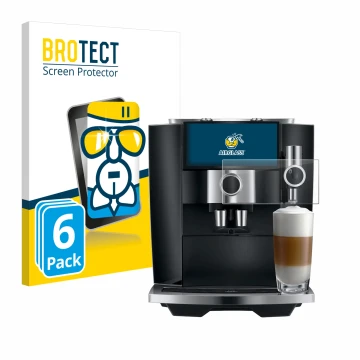 Parte frontal de un envase de producto con el logotipo de la marca BROTECT. Al lado se muestra el dispositivo Jura J8 twin con