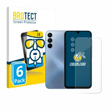 Parte frontal de un envase de producto con el logotipo de la marca BROTECT. Al lado se muestra el dispositivo Samsung Galaxy A
