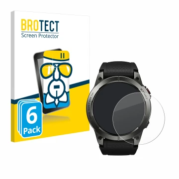 Parte frontal de un envase de producto con el logotipo de la marca BROTECT. Al lado se muestra el dispositivo Zeblaze Stratos 