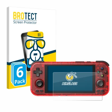 Parte frontal de un envase de producto con el logotipo de la marca BROTECT. Al lado se muestra el dispositivo Retroid Pocket 4