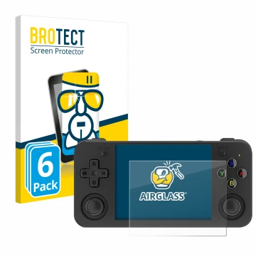 Parte frontal de un envase de producto con el logotipo de la marca BROTECT. Al lado se muestra el dispositivo Anbernic RG35XX 