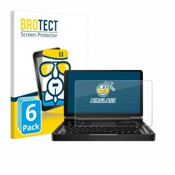 Parte frontal de un envase de producto con el logotipo de la marca BROTECT. Al lado se muestra el dispositivo GPD Win Mini (20