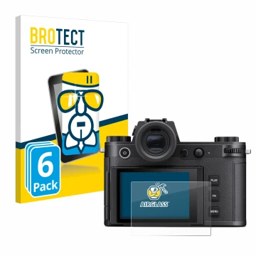 Parte frontal de un envase de producto con el logotipo de la marca BROTECT. Al lado se muestra el dispositivo Leica SL3 con su