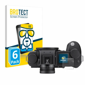 Parte frontal de un envase de producto con el logotipo de la marca BROTECT. Al lado se muestra el dispositivo Leica SL3 (panta