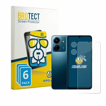 Parte frontal de un envase de producto con el logotipo de la marca BROTECT. Al lado se muestra el dispositivo Xiaomi Redmi 13C