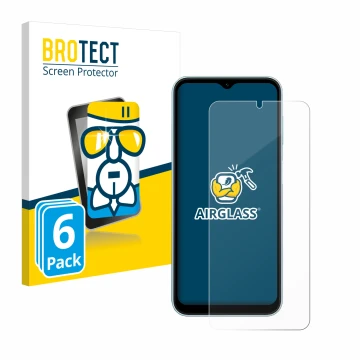 Parte frontal de un envase de producto con el logotipo de la marca BROTECT. Al lado se muestra el dispositivo Samsung Galaxy M