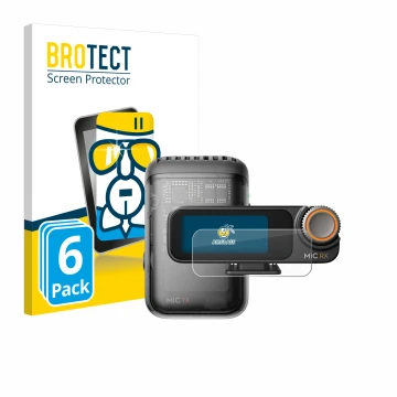 Parte frontal de un envase de producto con el logotipo de la marca BROTECT. Al lado se muestra el dispositivo DJI Mic 2 (Recei