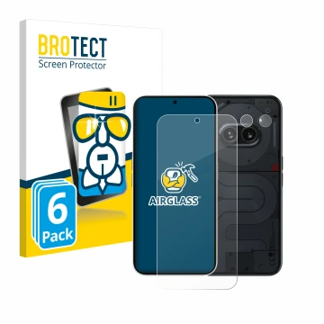 Parte frontal de un envase de producto con el logotipo de la marca BROTECT. Al lado se muestra el dispositivo Nothing Phone (2