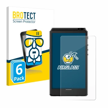 Parte frontal de un envase de producto con el logotipo de la marca BROTECT. Al lado se muestra el dispositivo Hiby R6 III con 