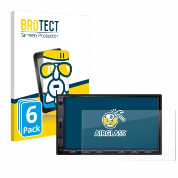 Parte frontal de un envase de producto con el logotipo de la marca BROTECT. Al lado se muestra el dispositivo Atoto F7 WE con 