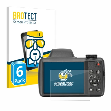 Parte frontal de un envase de producto con el logotipo de la marca BROTECT. Al lado se muestra el dispositivo Kodak Pixpro AZ5