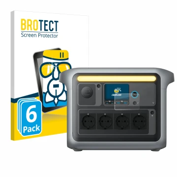 Parte frontal de un envase de producto con el logotipo de la marca BROTECT. Al lado se muestra el dispositivo Anker SOLIX C100