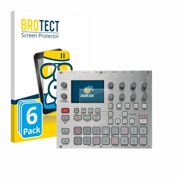 Parte frontal de un envase de producto con el logotipo de la marca BROTECT. Al lado se muestra el dispositivo Elektron Syntakt