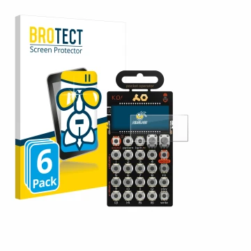Parte frontal de un envase de producto con el logotipo de la marca BROTECT. Al lado se muestra el dispositivo Teenage Engineer
