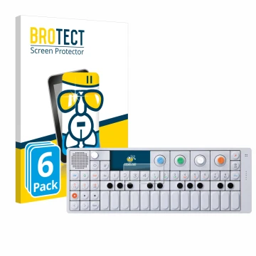 Parte frontal de un envase de producto con el logotipo de la marca BROTECT. Al lado se muestra el dispositivo Teenage Engineer